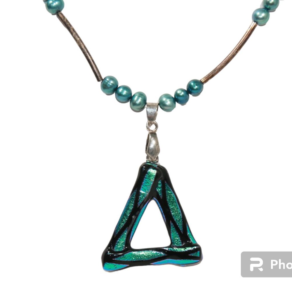 Blue Pearl Handblown Glass Pendant Handmade Necklace - Picture 2 of 7